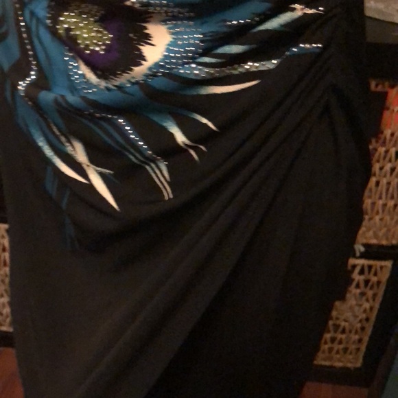 Bisou Bisou Sz8 one shoulder black diamond peacock dress. Blk cocktail mini - Picture 3 of 7